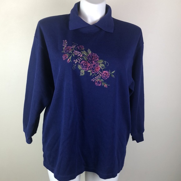 Basics Plus Vintage Collared Sweatshirt Dark Blue Floral Embroidered - Picture 1 of 8